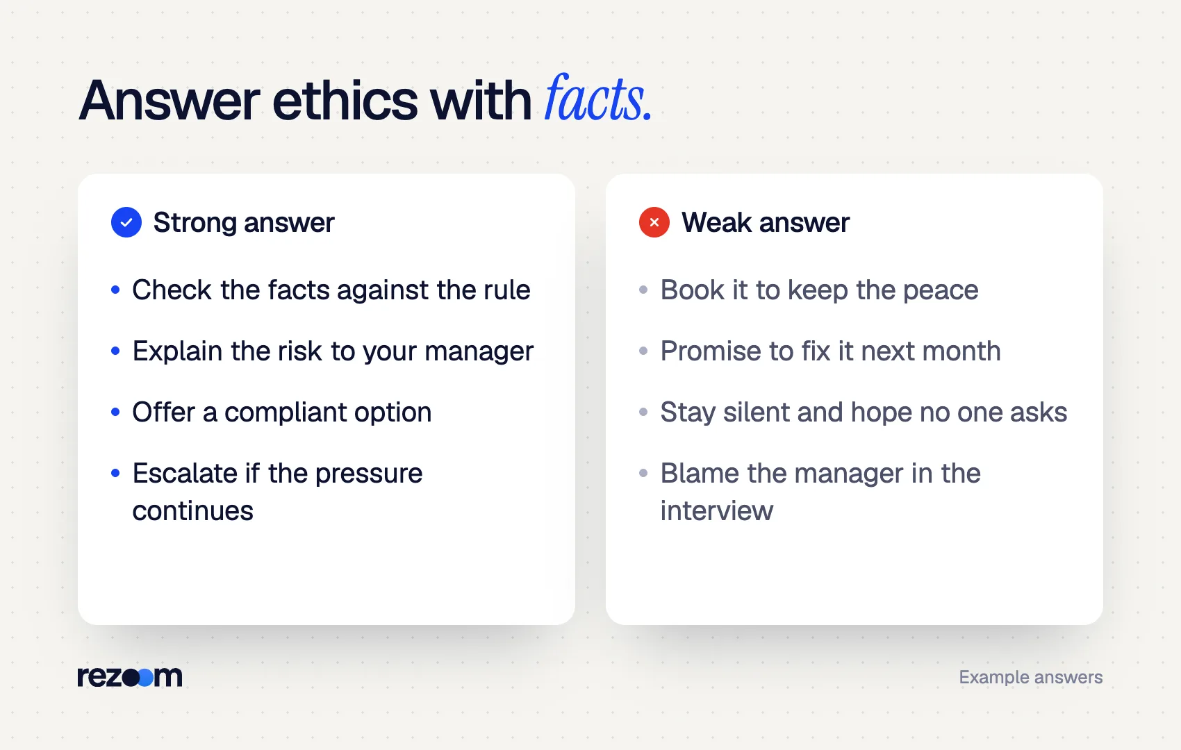 Compare graphic for accountant interview questions: strong vs weak answers to a book-revenue-early ethics scenario.