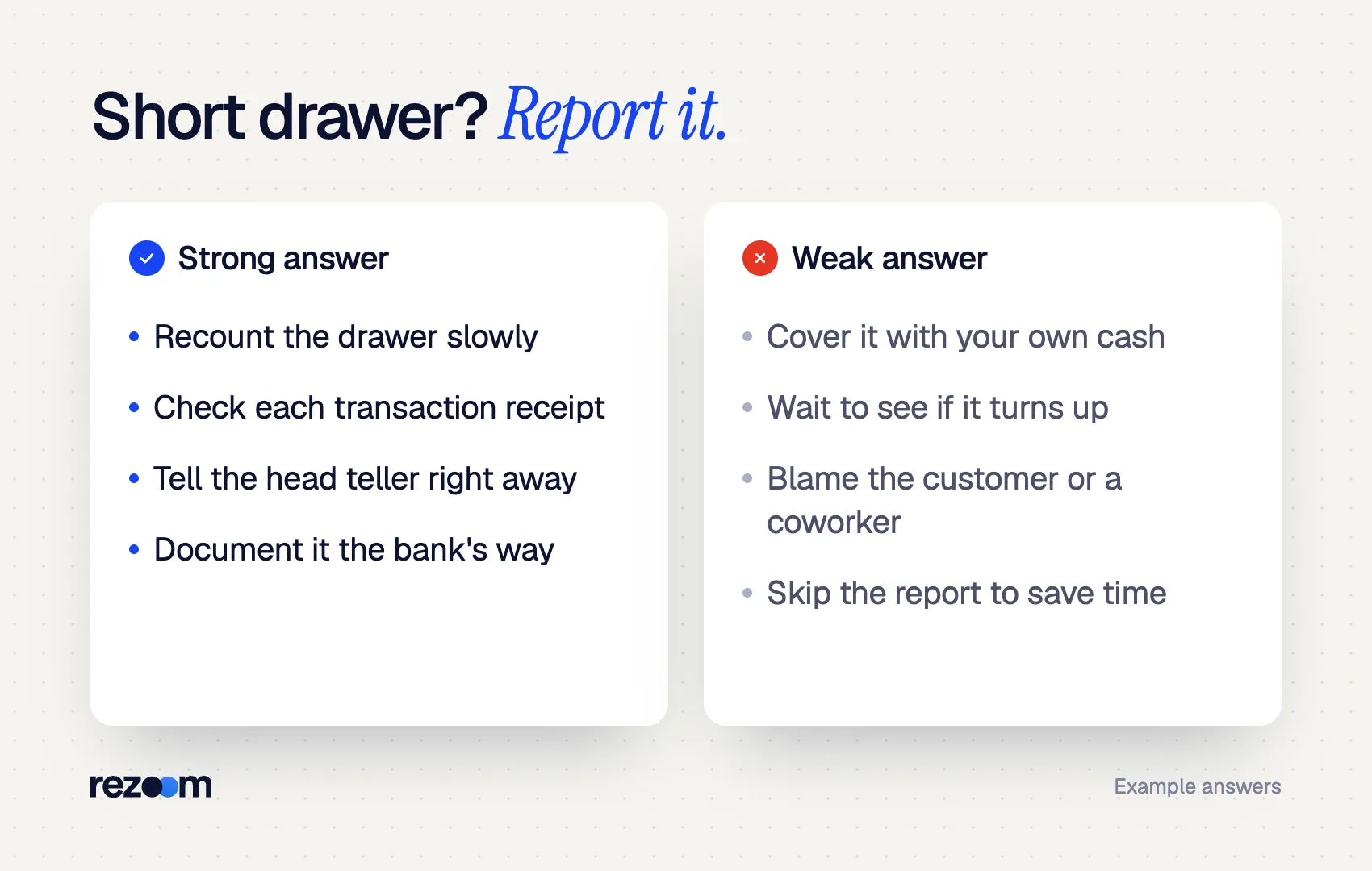 Compare graphic for bank teller interview questions: strong vs weak answers when a cash drawer is $20 short.