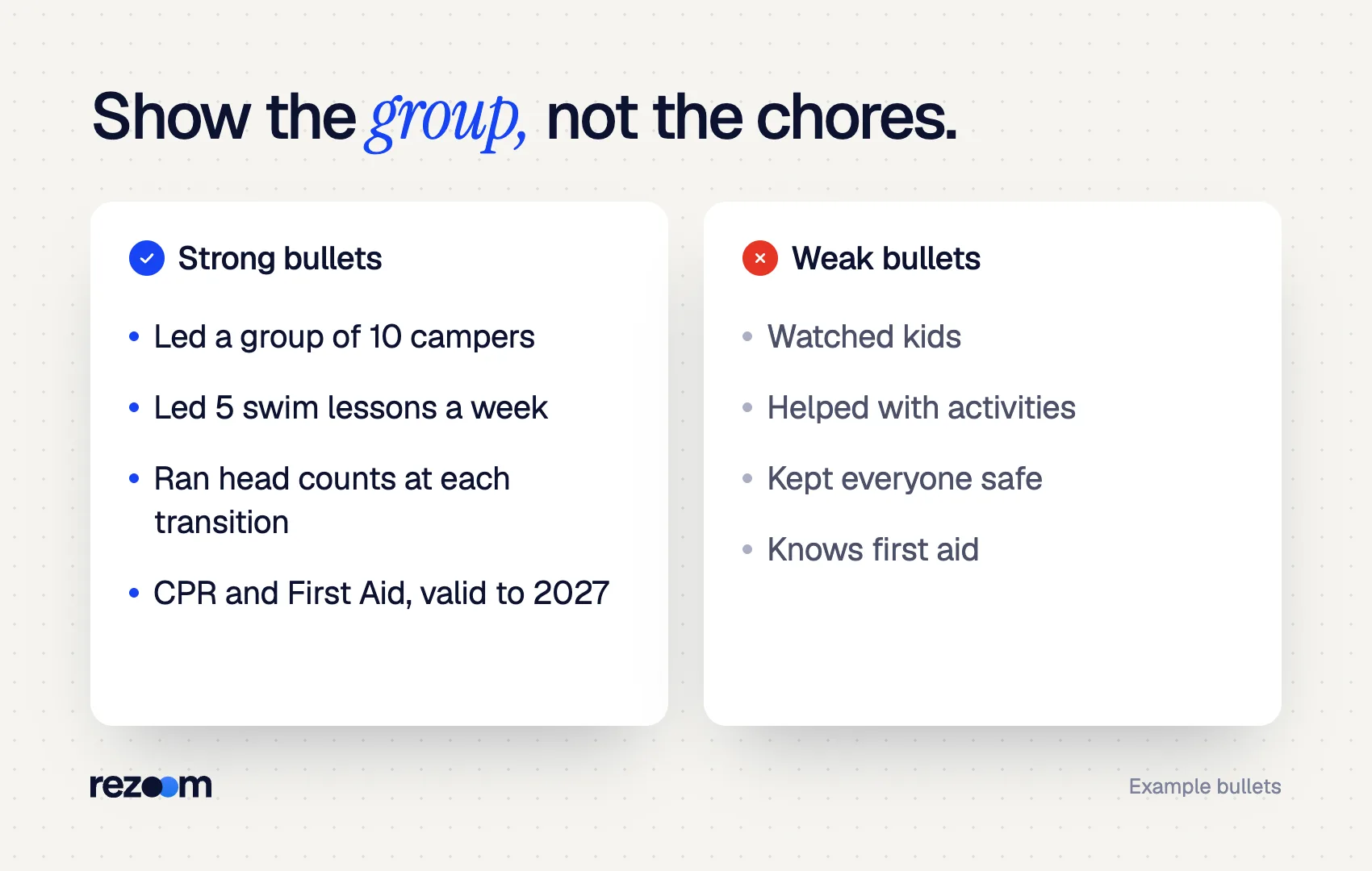 Compare chart: a camp counselor resume description with group size and numbers vs vague bullets (example).