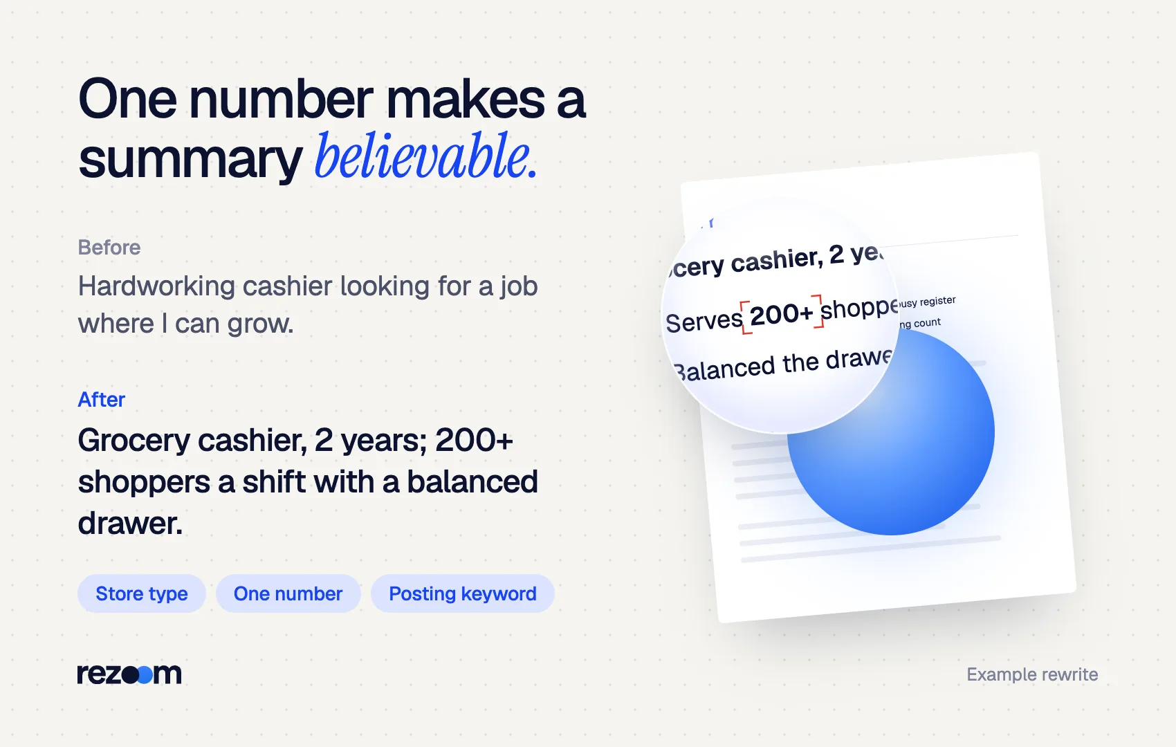 Before and after cashier resume summary: a vague line rewritten with store type and a number (example).