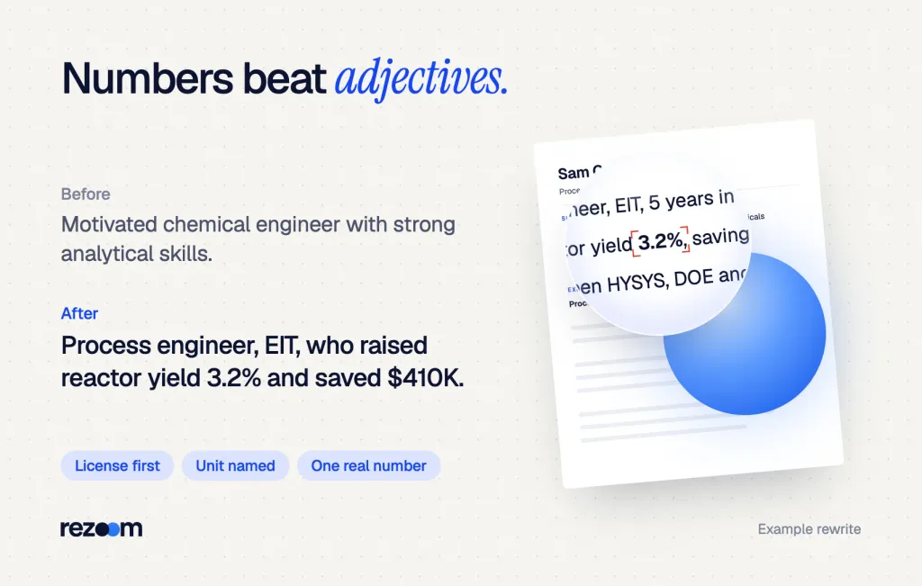 Before and after chemical engineer resume summary: a soft-skill line rewritten with EIT and a yield gain (example).