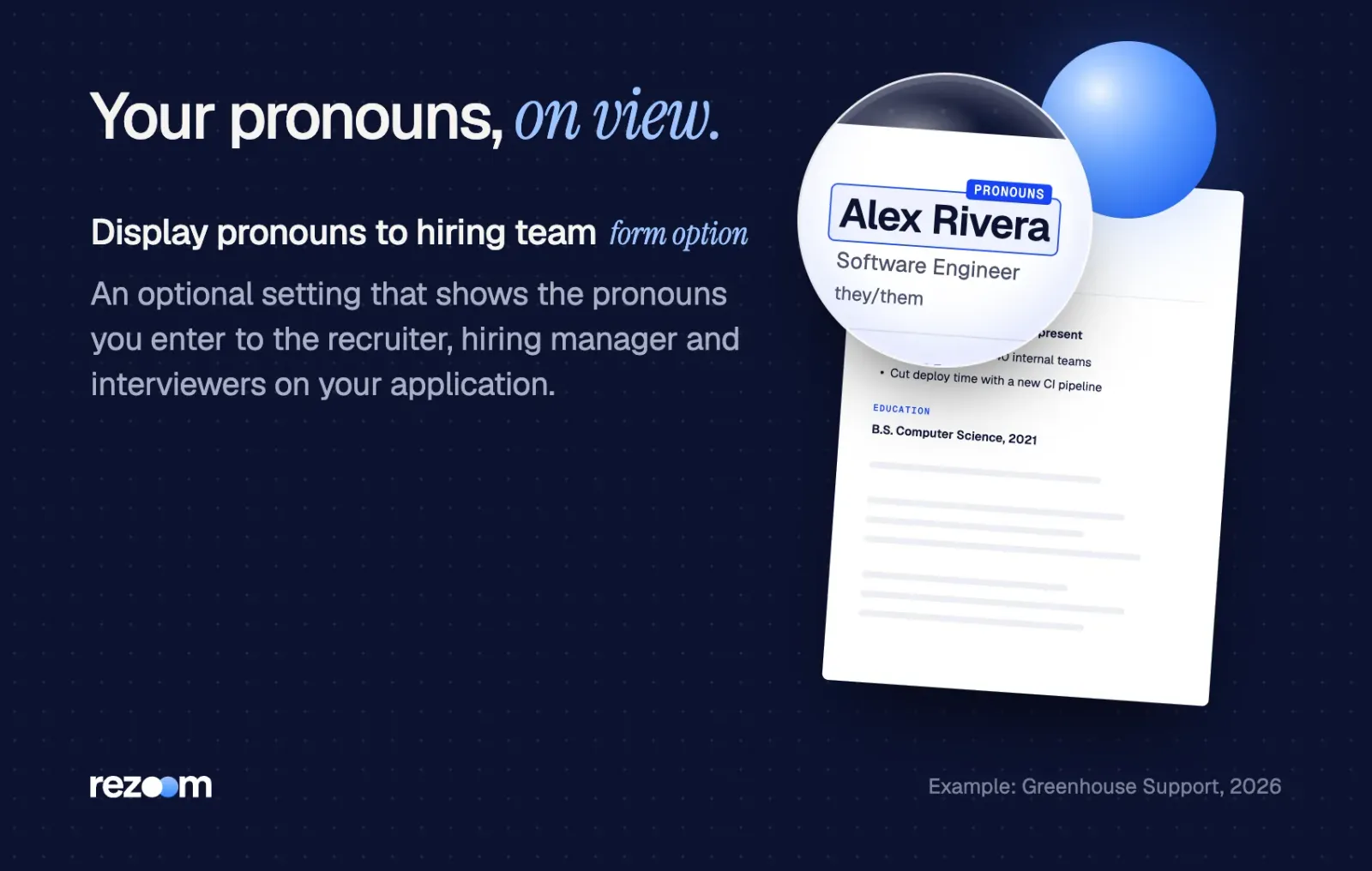 Definition card: display pronouns to hiring team shows your pronouns under your name on the candidate profile (example).