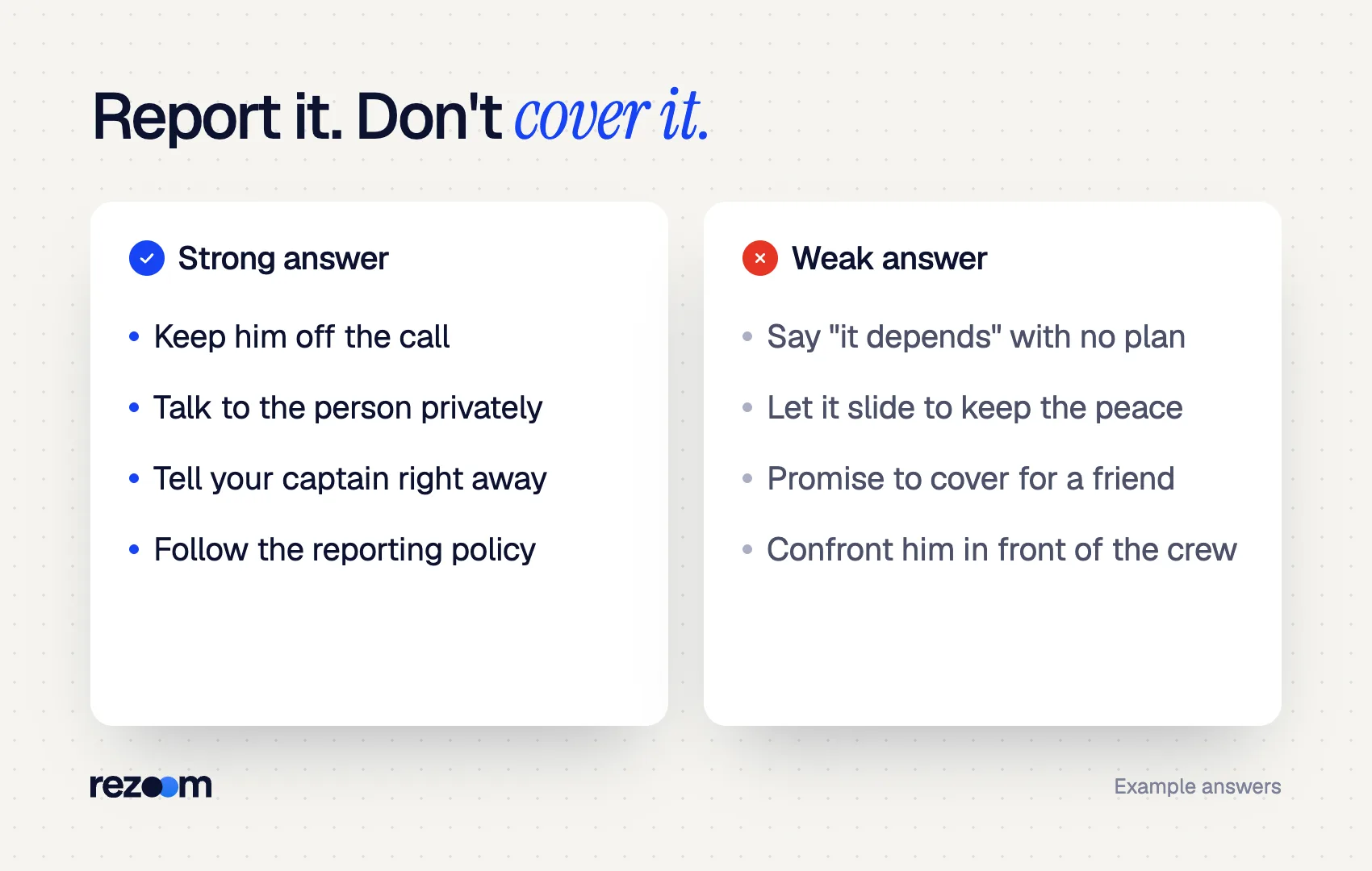 Compare graphic for firefighter interview questions: strong vs weak answers to a crew member drinking on duty.