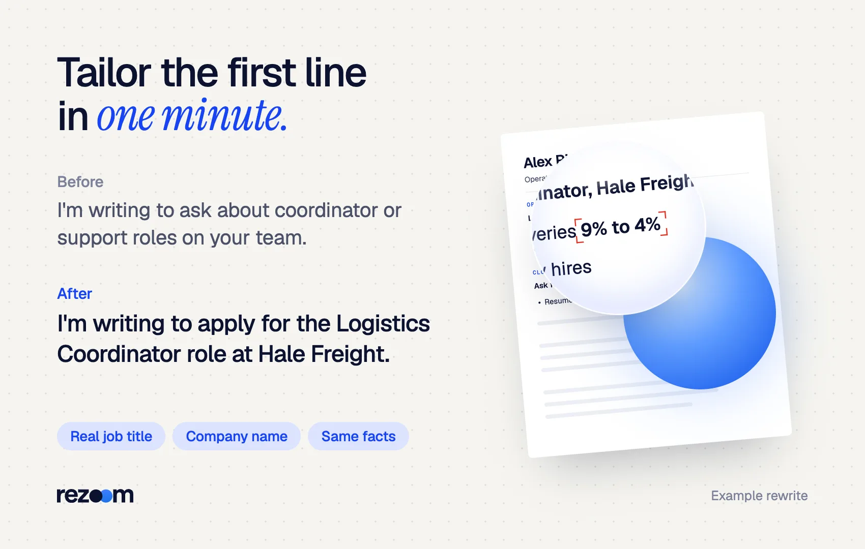 Before and after: a general cover letter opening becomes a tailored line naming the job title and company.