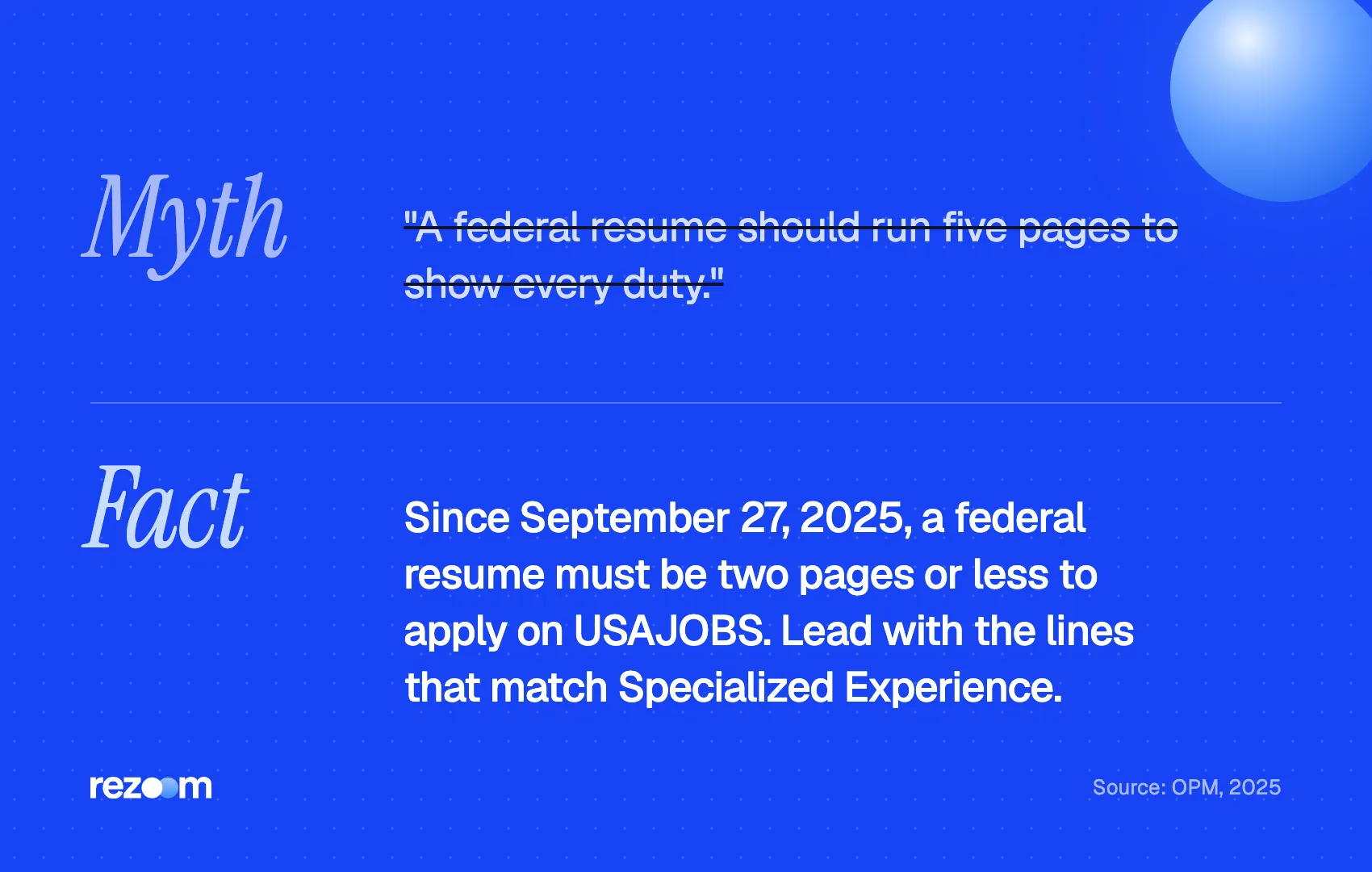 Myth vs fact on government resume keywords: federal resumes must be two pages or less since Sept. 27, 2025 (OPM, 2025).