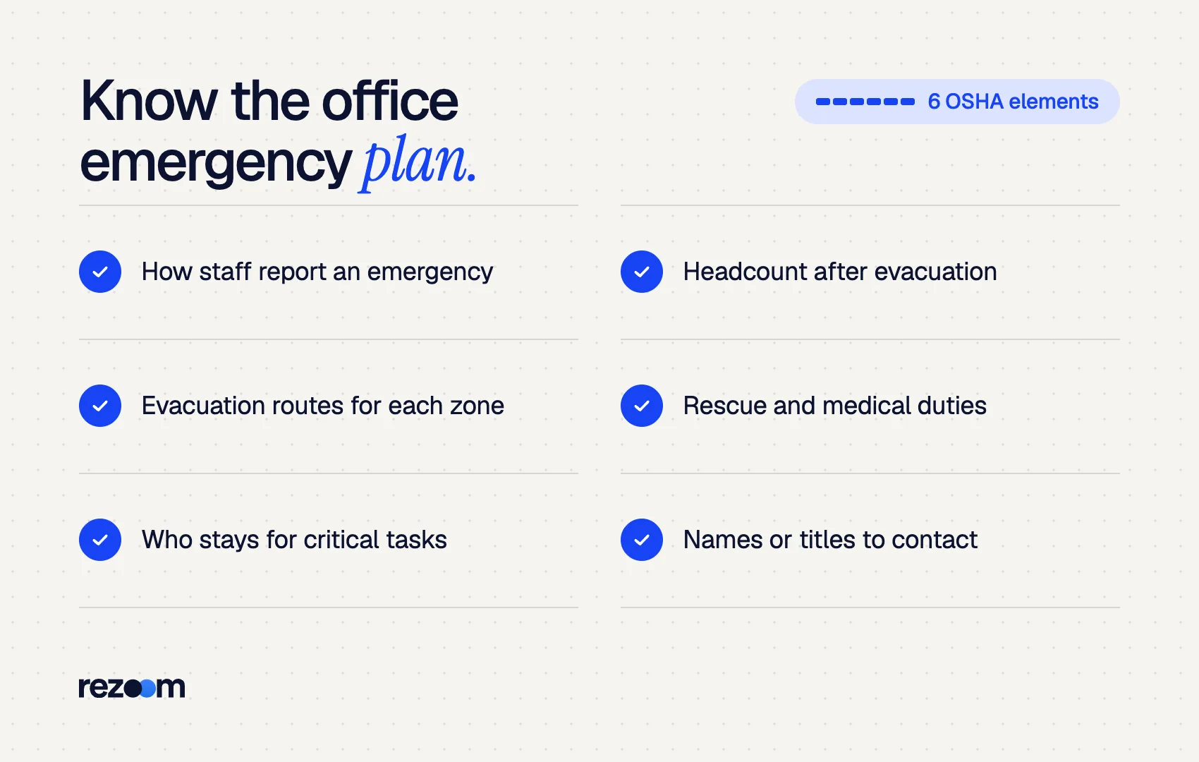 Checklist for office manager interview questions: the six minimum elements of an OSHA emergency action plan.