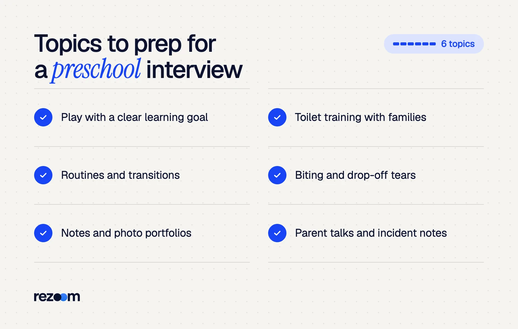 Checklist of six early childhood topics directors ask about: play, transitions, assessment, toileting, behavior, parents.