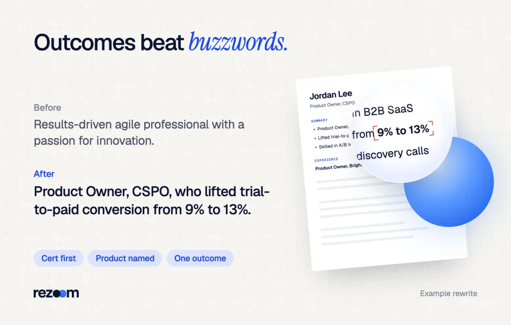 Before and after product owner resume summary: a buzzword line rewritten with CSPO and a conversion gain (example).