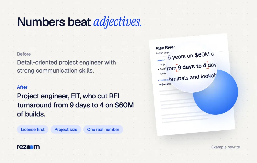 Before and after project engineer resume summary: a soft-skill line rewritten with EIT and RFI turnaround (example).
