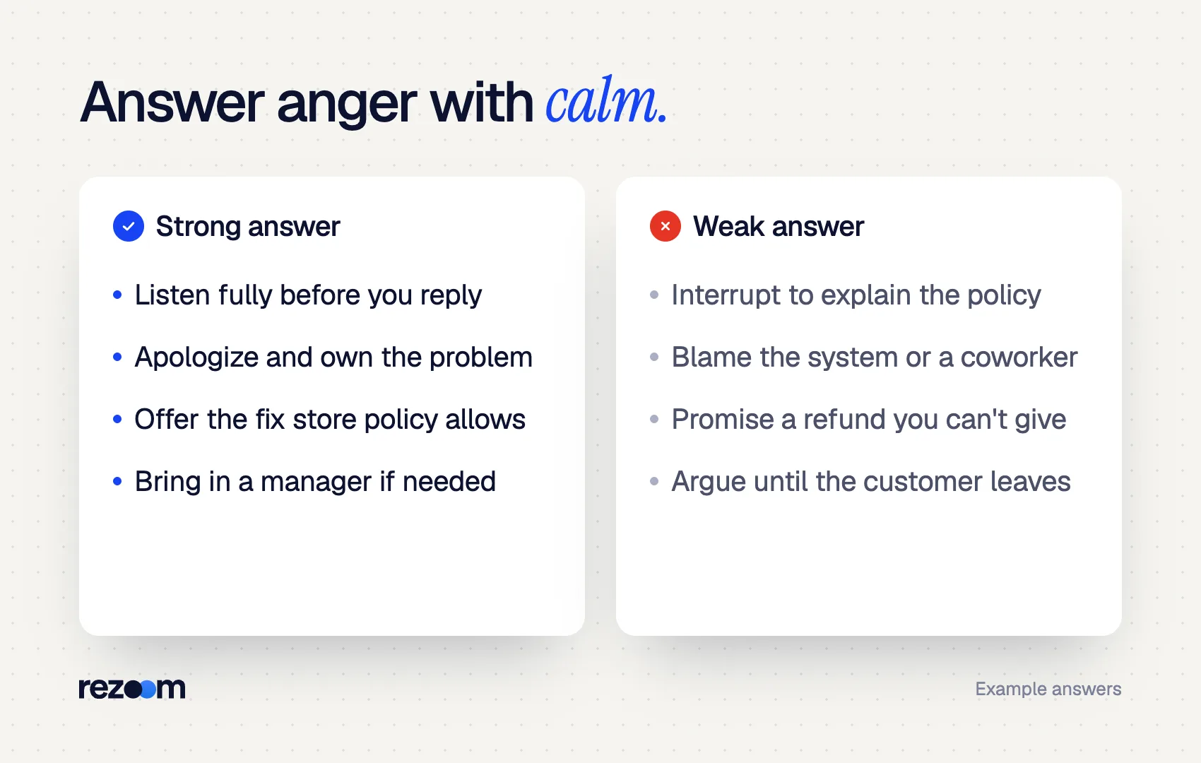 Compare graphic for retail interview questions: strong vs weak ways to answer an angry customer scenario.