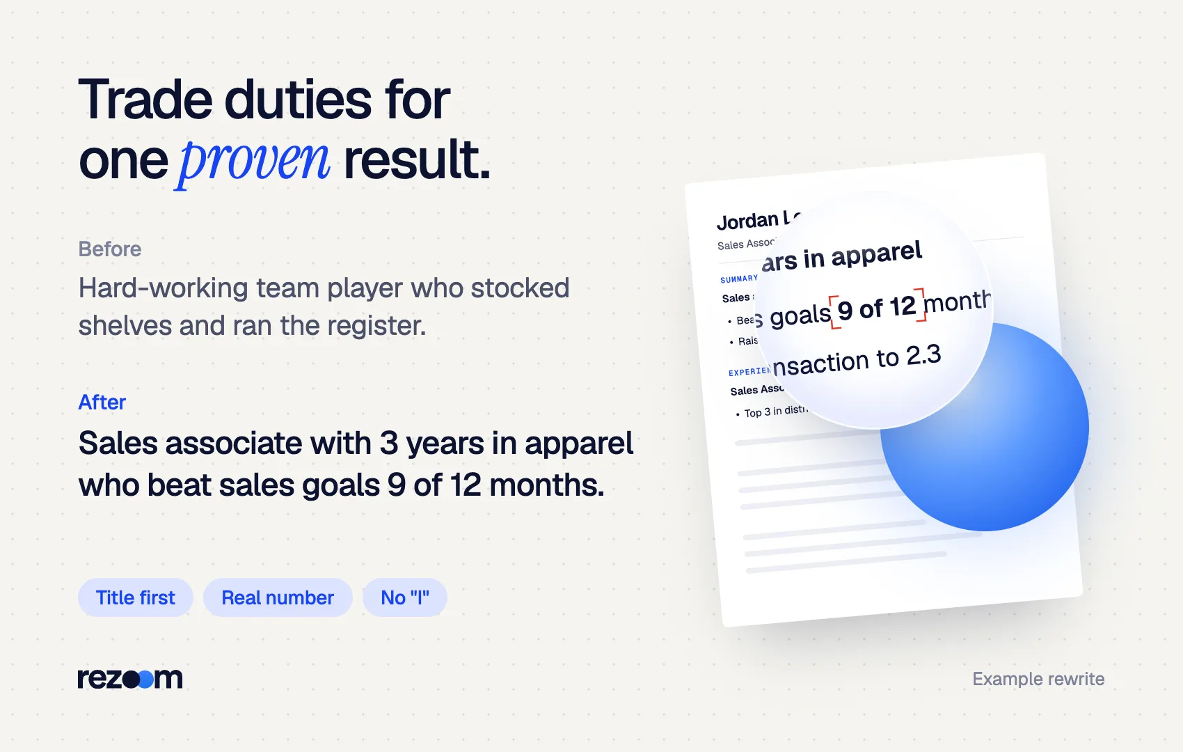Before and after retail resume summary rewrite: a vague duty line becomes a titled summary with one real sales result.