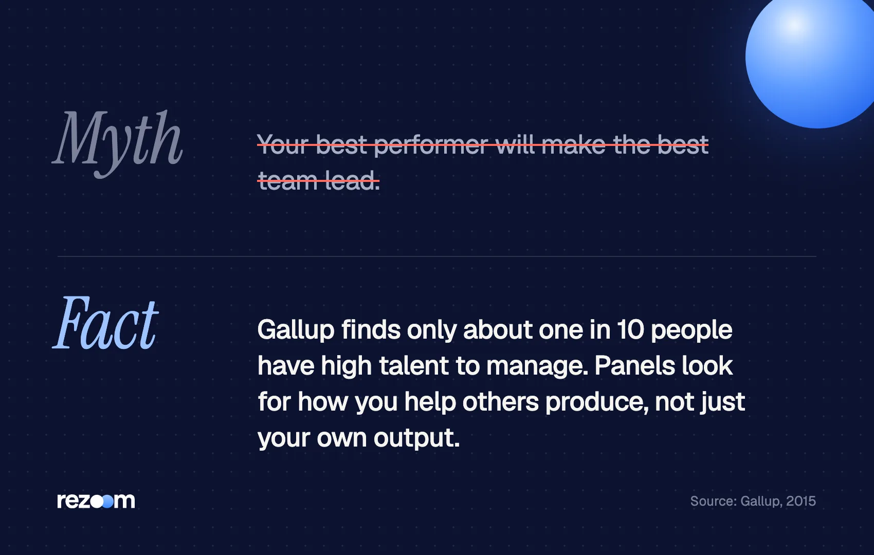 Myth vs fact graphic: the best performer is not always the best lead; one in 10 have high talent to manage (Gallup).
