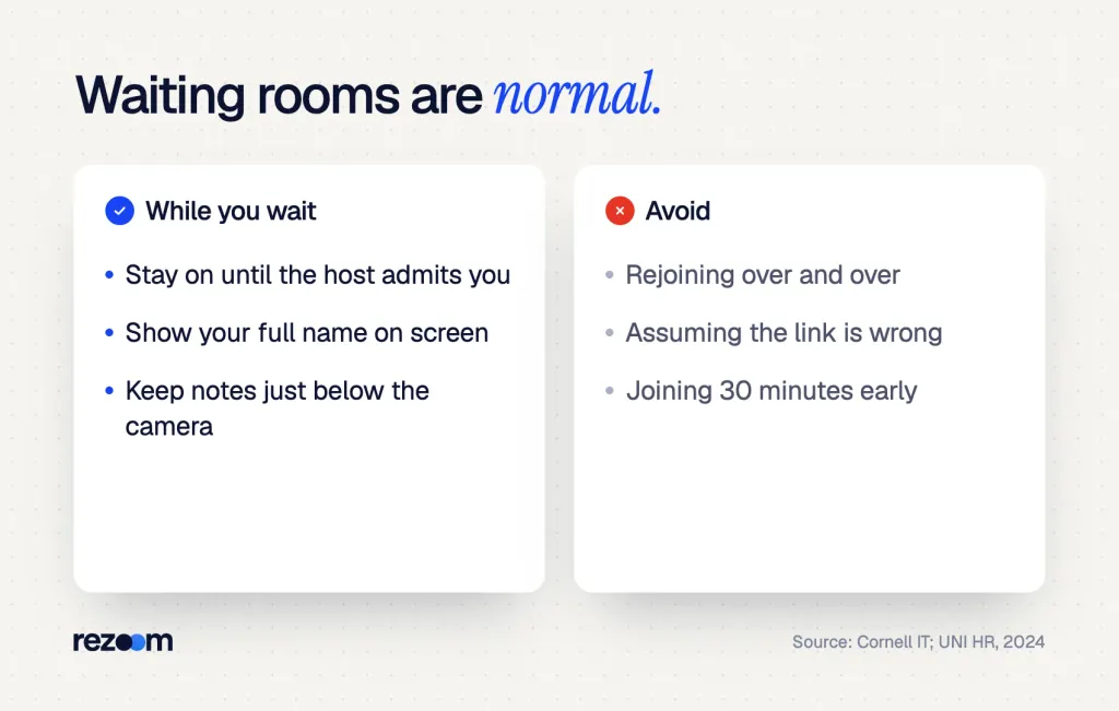 Compare: what to do in a Zoom or Teams interview waiting room (stay on, full name) and what to avoid (rejoining).