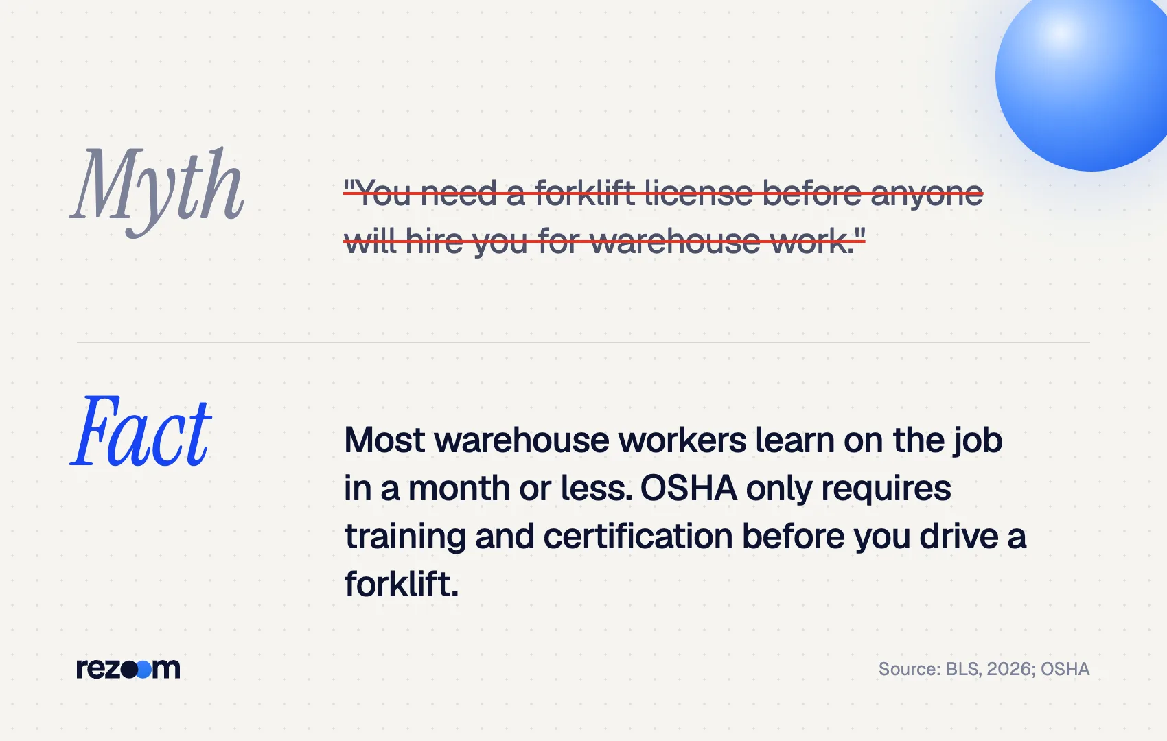 Myth vs fact graphic: most warehouse workers learn on the job, and forklift certification comes with training (BLS, OSHA).