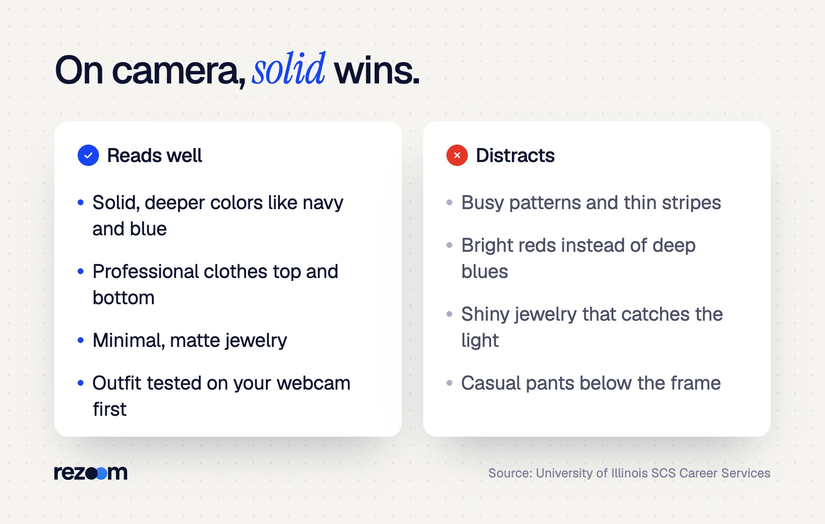 Comparison of video interview outfits: solid deep colors work on camera, busy patterns and shiny jewelry distract.