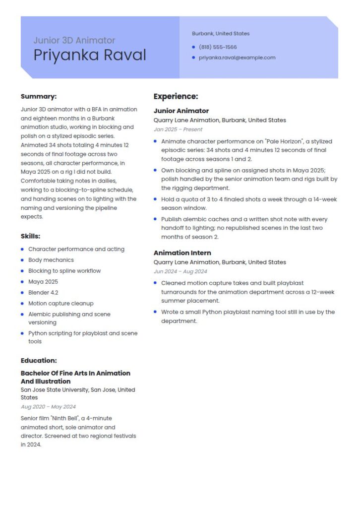 3D Animator Resume Examples & Templates
