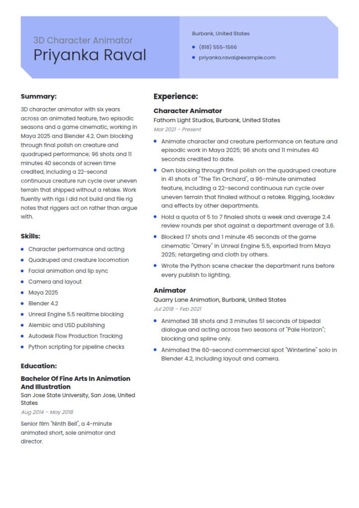 3D Animator Resume Examples & Templates