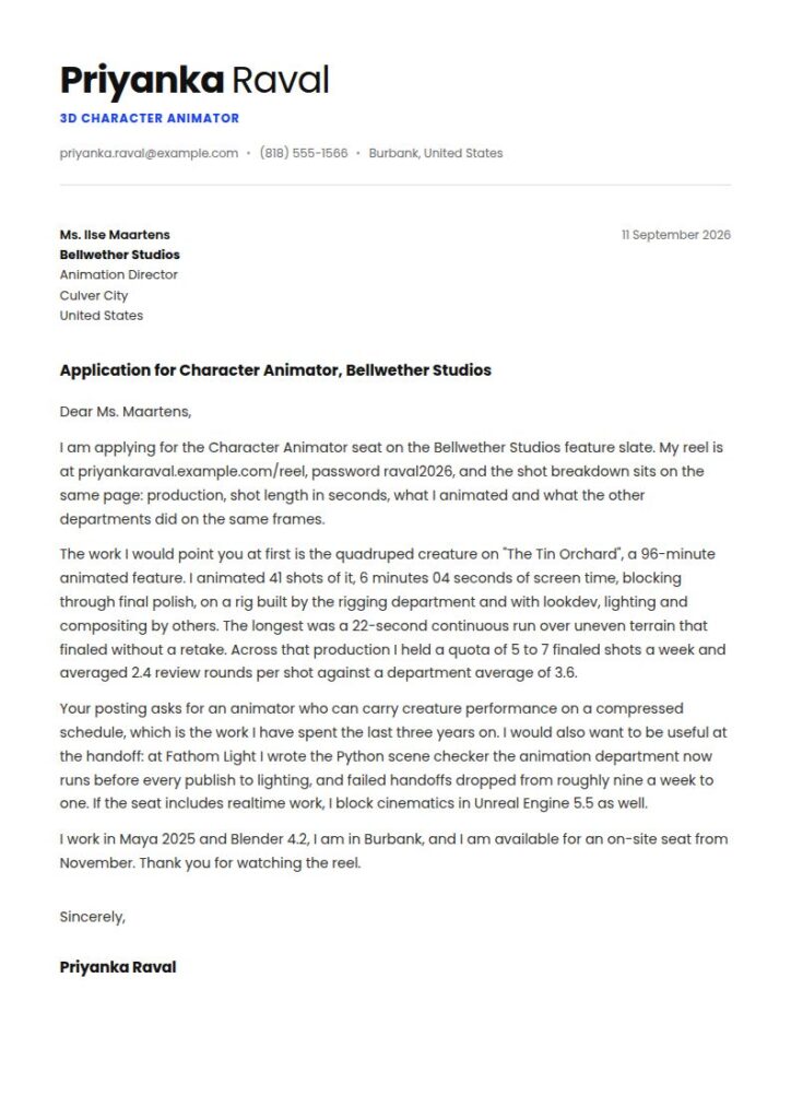 3D Animator Cover Letter Examples & Templates