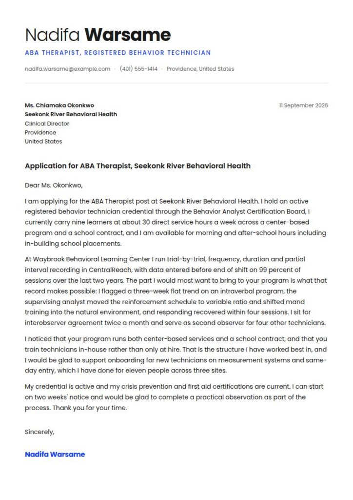 ABA Therapist Cover Letter Examples & Templates