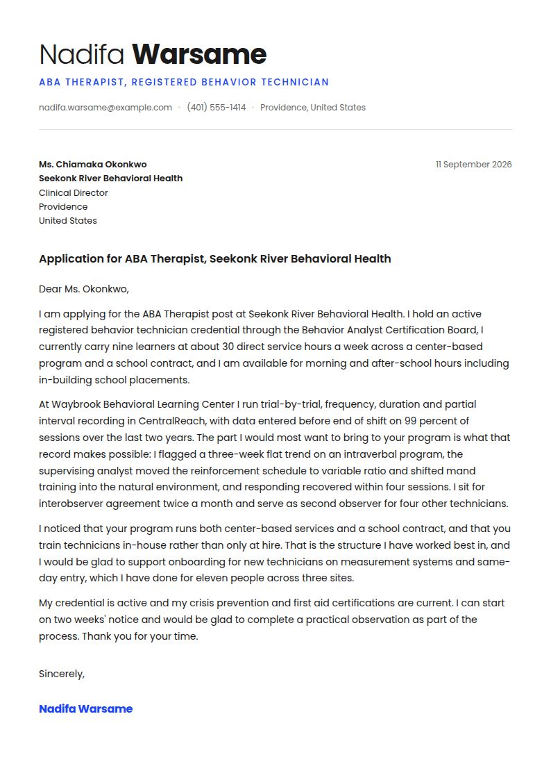 ABA Therapist Cover Letter Examples & Templates