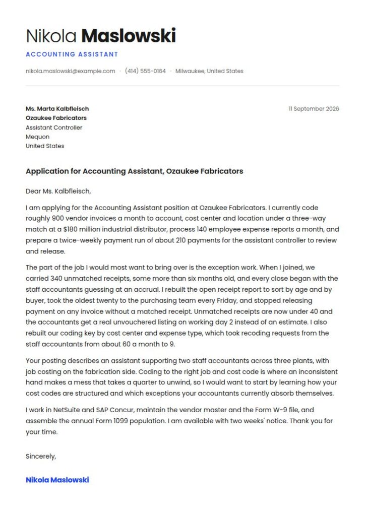 Accounting Assistant Cover Letter Examples & Templates