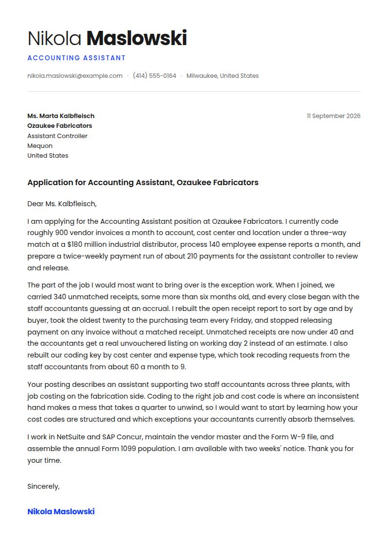 Accounting Assistant Cover Letter Examples & Templates