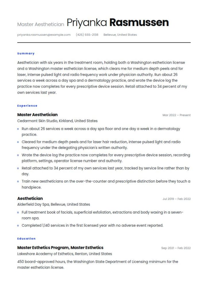 Aesthetician Resume Examples & Templates