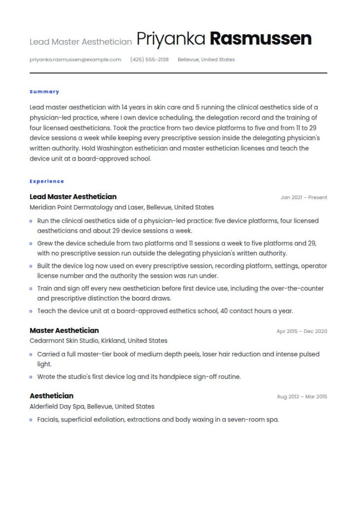 Aesthetician Resume Examples & Templates
