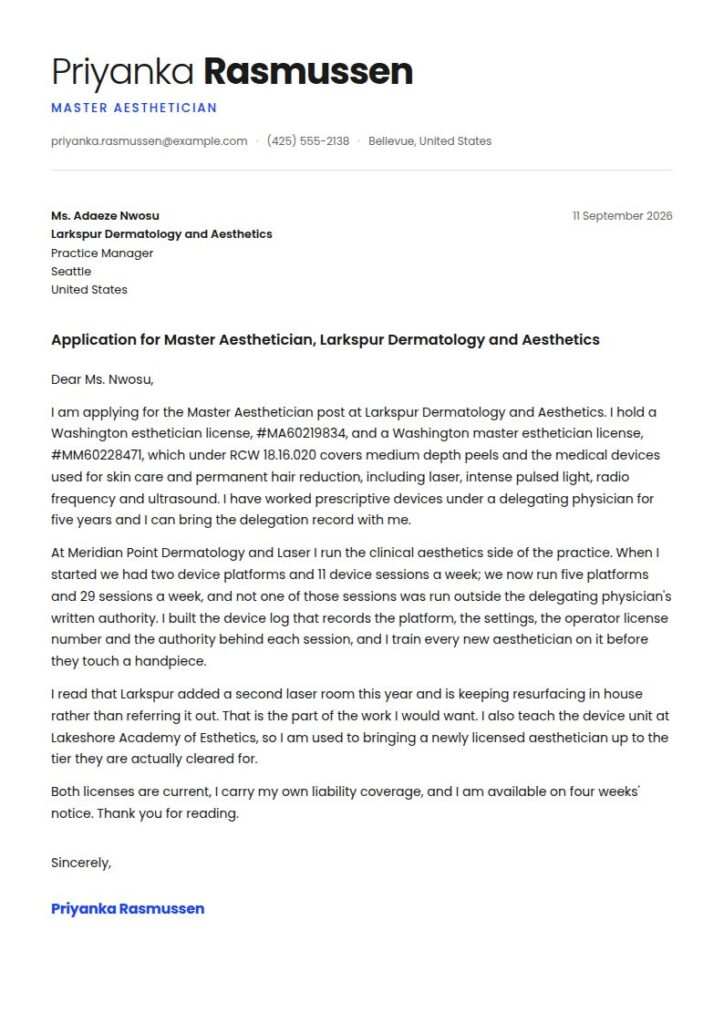Aesthetician Cover Letter Examples & Templates