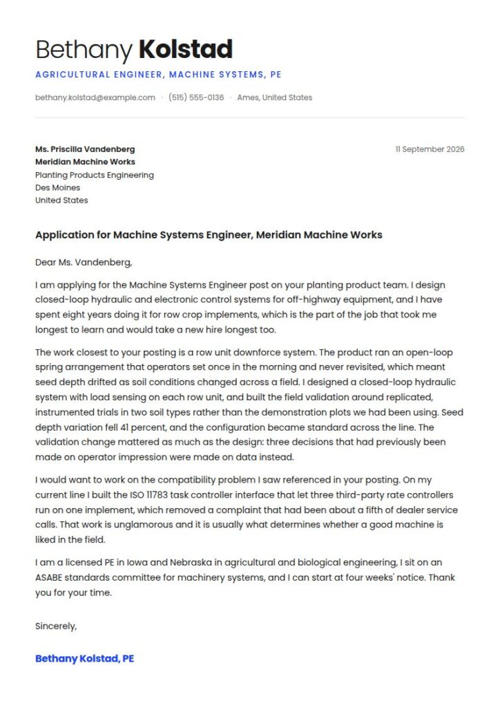Agricultural Engineer Cover Letter Examples & Templates