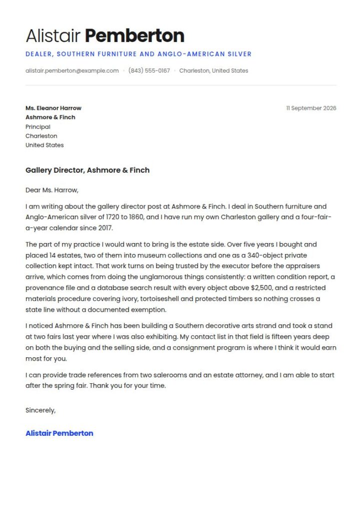 Antique Dealer Cover Letter Examples & Templates