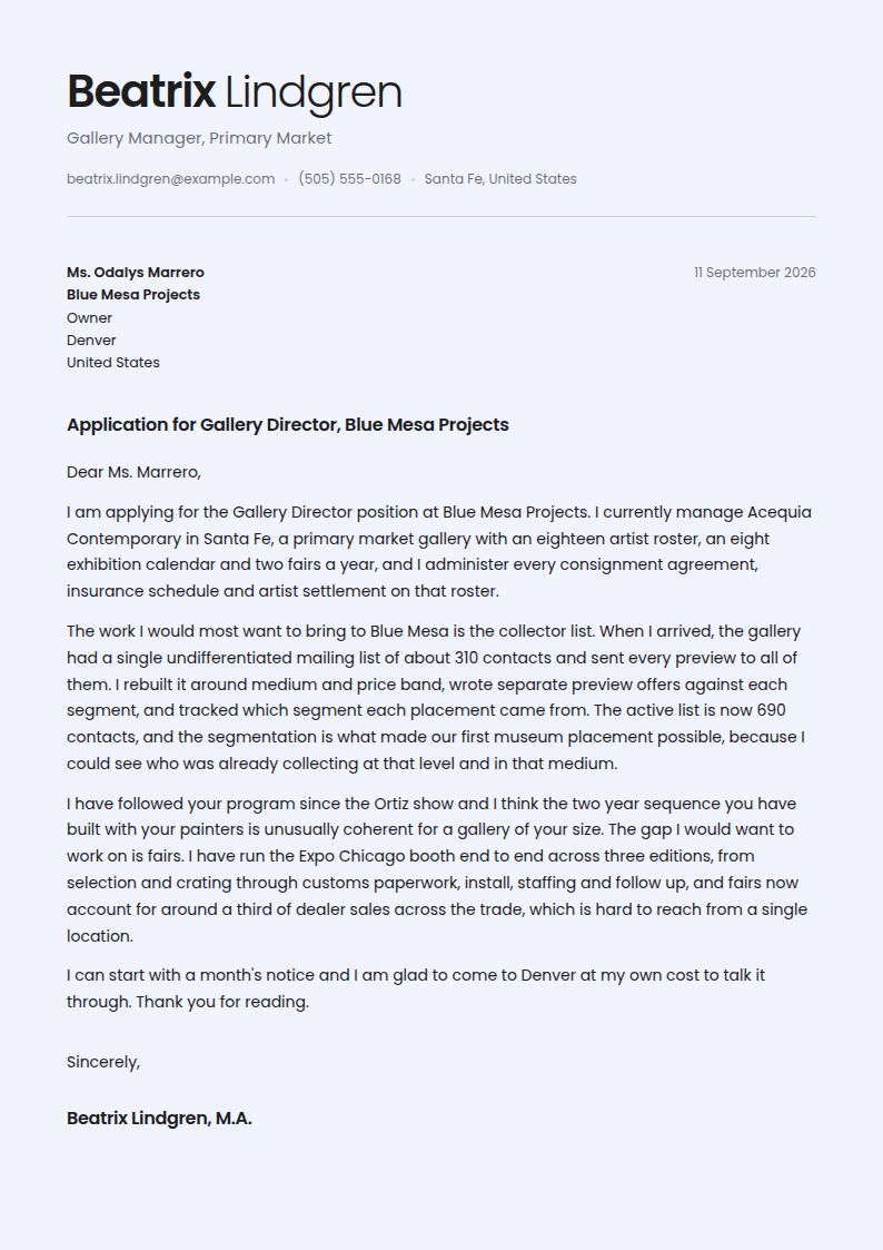 Art Gallery Manager Cover Letter Examples & Templates