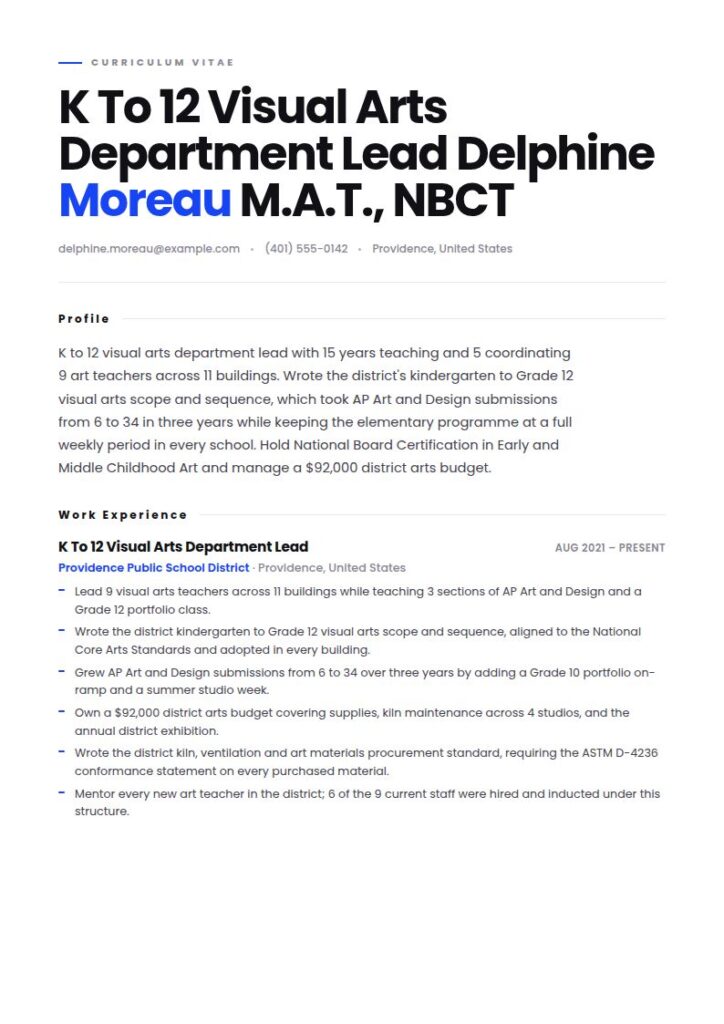 Art Teacher Resume Examples & Templates