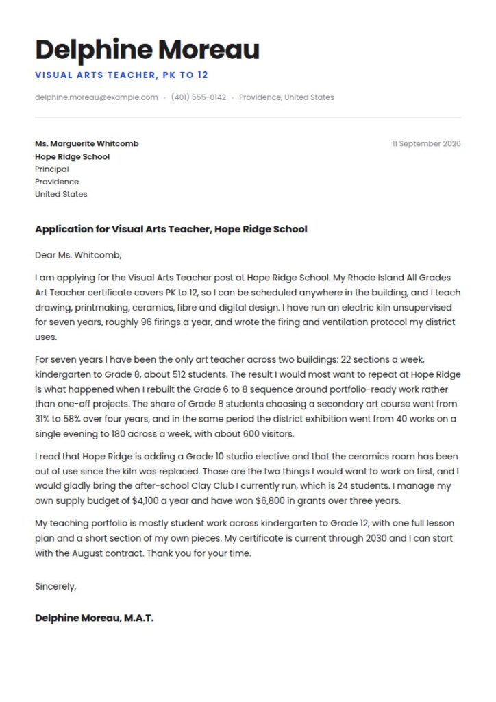 Art Teacher Cover Letter Examples & Templates
