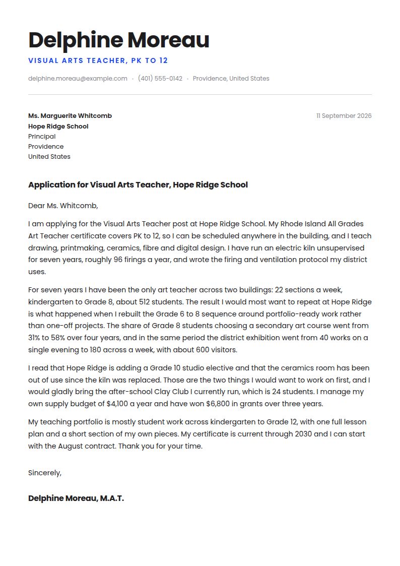 Art Teacher Cover Letter Examples & Templates