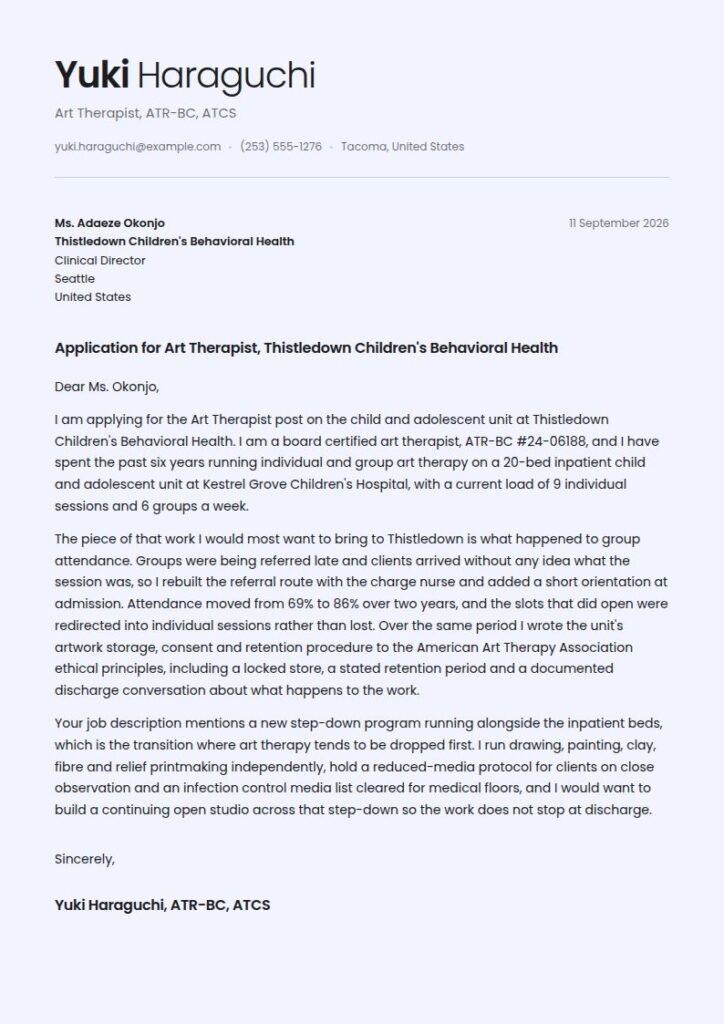 Art Therapist Cover Letter Examples & Templates