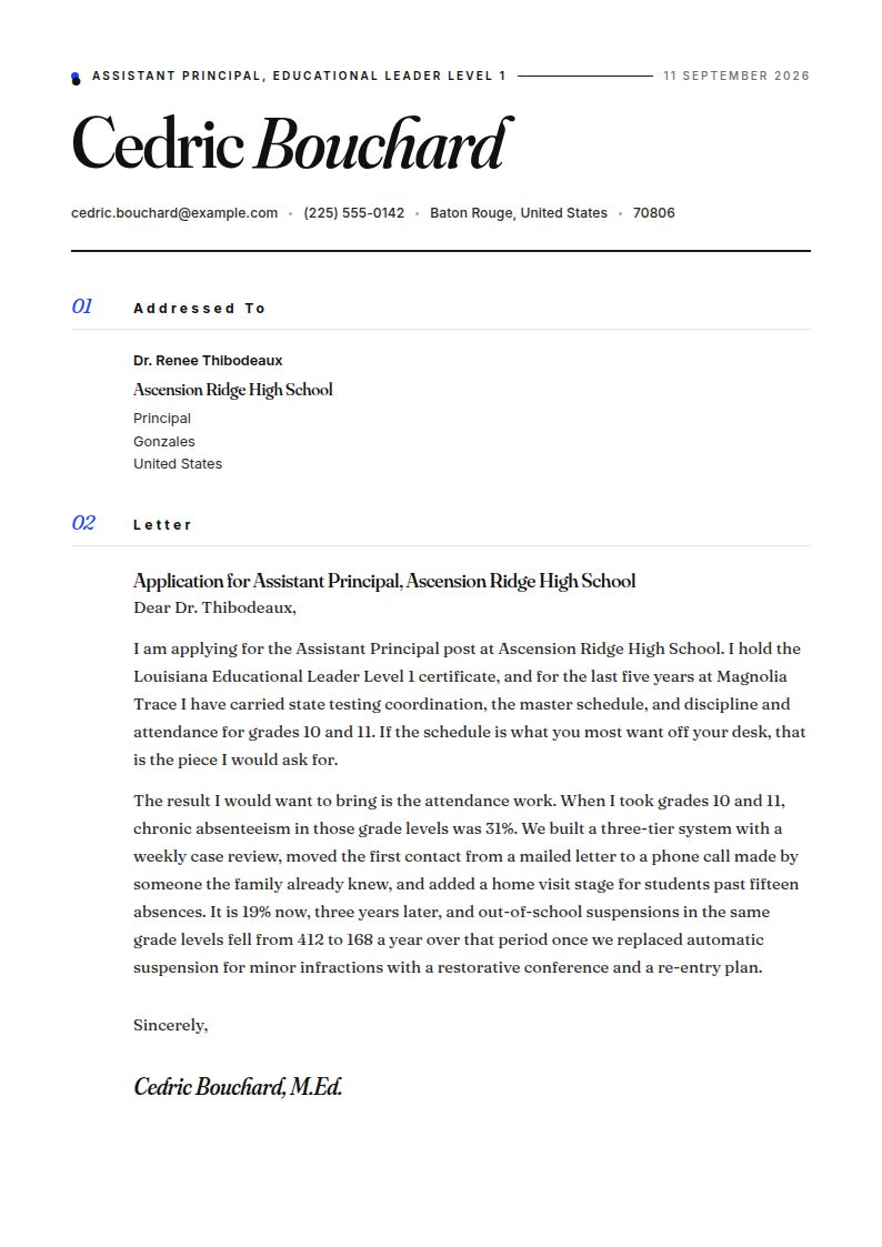 Assistant Principal Cover Letter Examples & Templates