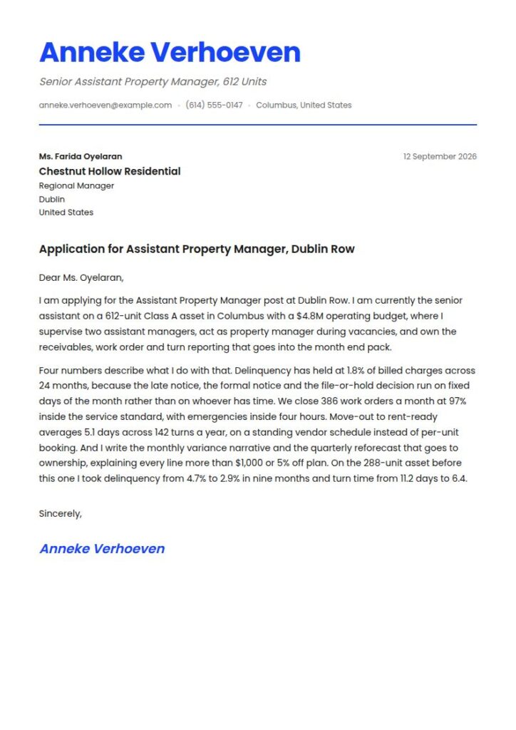Assistant Property Manager Cover Letter Examples & Templates