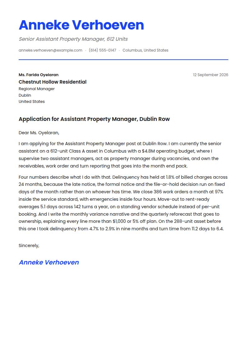 Assistant Property Manager Cover Letter Examples & Templates