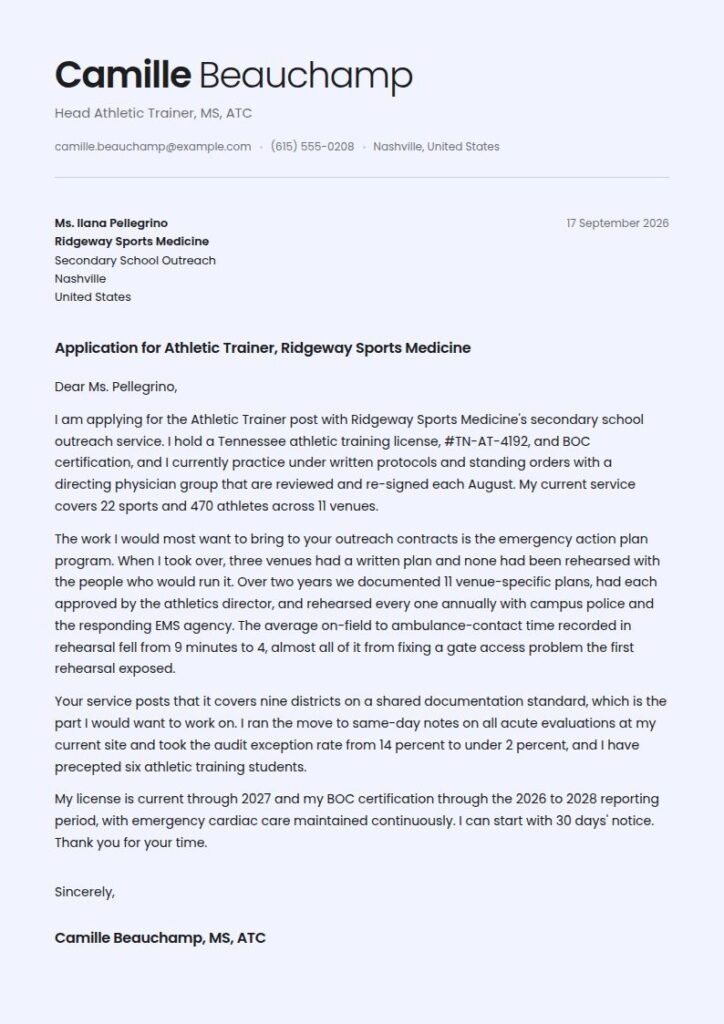 Athletic Trainer Cover Letter Examples & Templates