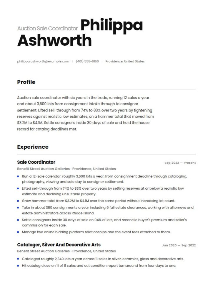 Auction House Manager Resume Examples & Templates