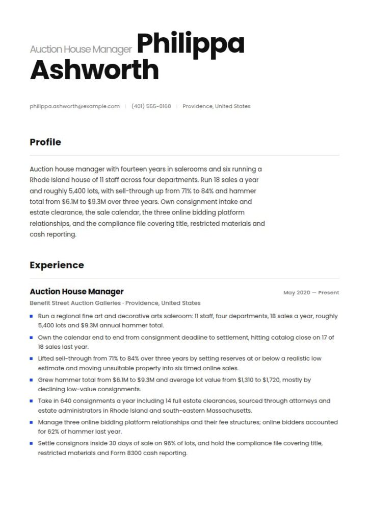 Auction House Manager Resume Examples & Templates