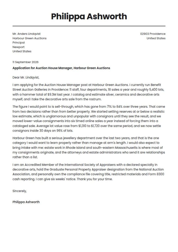Auction House Manager Cover Letter Examples & Templates