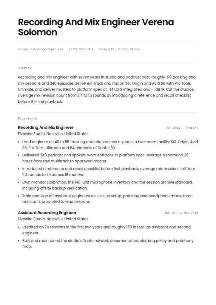 Audio Engineer Resume Examples & Templates