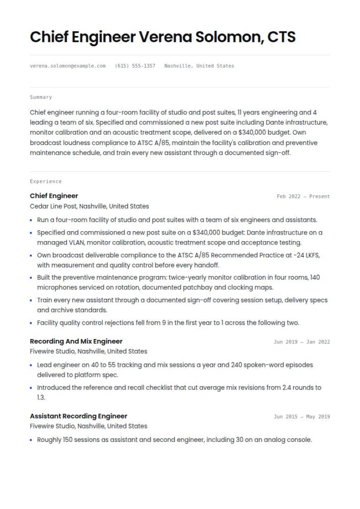 Audio Engineer Resume Examples & Templates