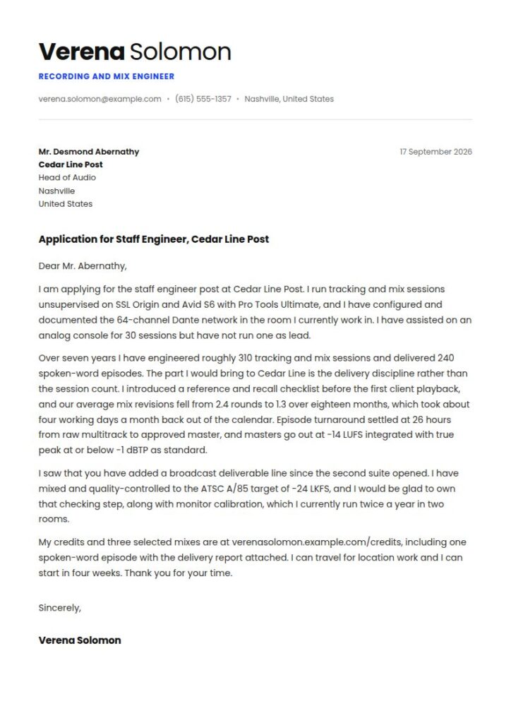 Audio Engineer Cover Letter Examples & Templates