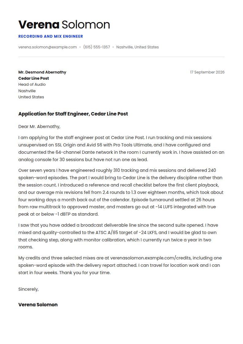 Audio Engineer Cover Letter Examples & Templates