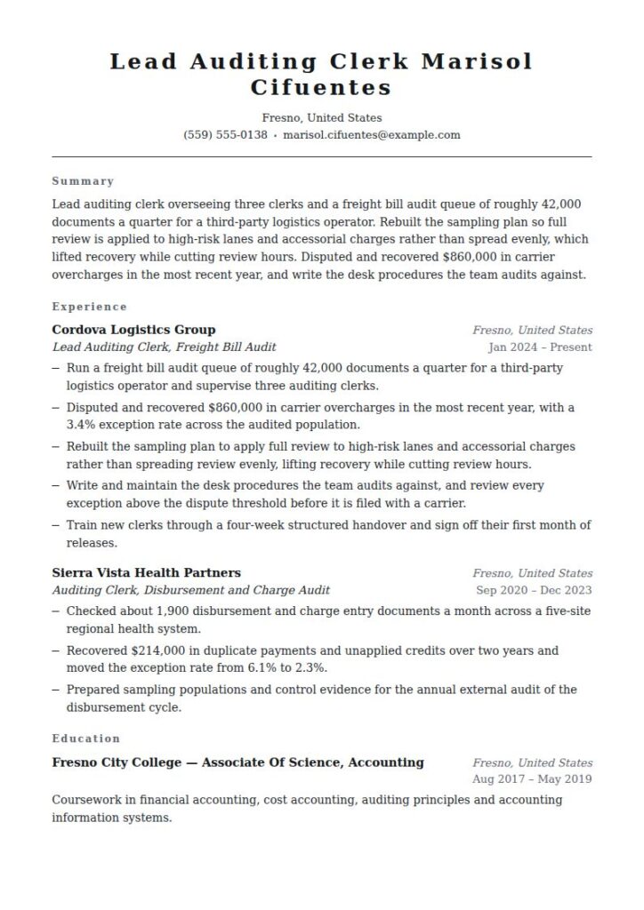 Auditing Clerk Resume Examples & Templates