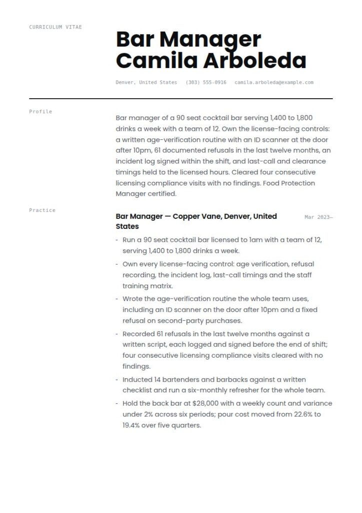 Bar Manager Resume Examples & Templates