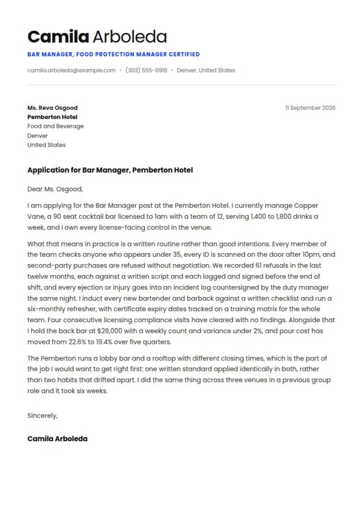 Bar Manager Cover Letter Examples & Templates